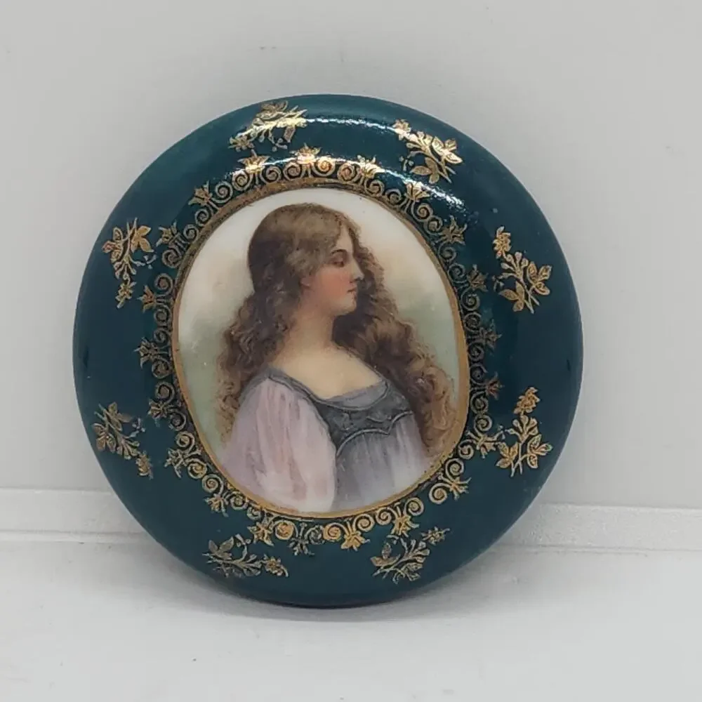 Vintage Portrait Lady Vanity Jar Blue Porcelain Trinket Dresser Box Gold Decor